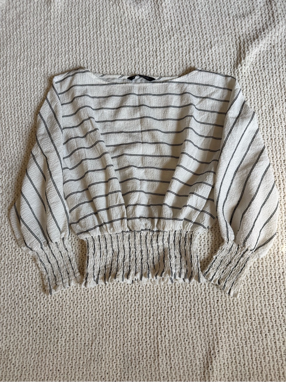 Striped Smocked Hem Fitted Waist Top - White with Black Stripes